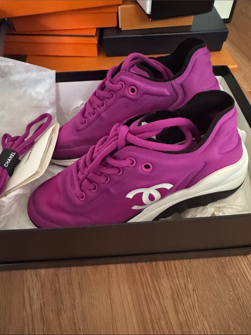 CHANEL Fuchsia Logo Lace-Up Women's Sneakers